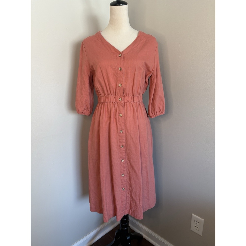 Grae Cove Linen Cotton Blend Midi Dress Small Terracotta Pink Button Front VNeck
